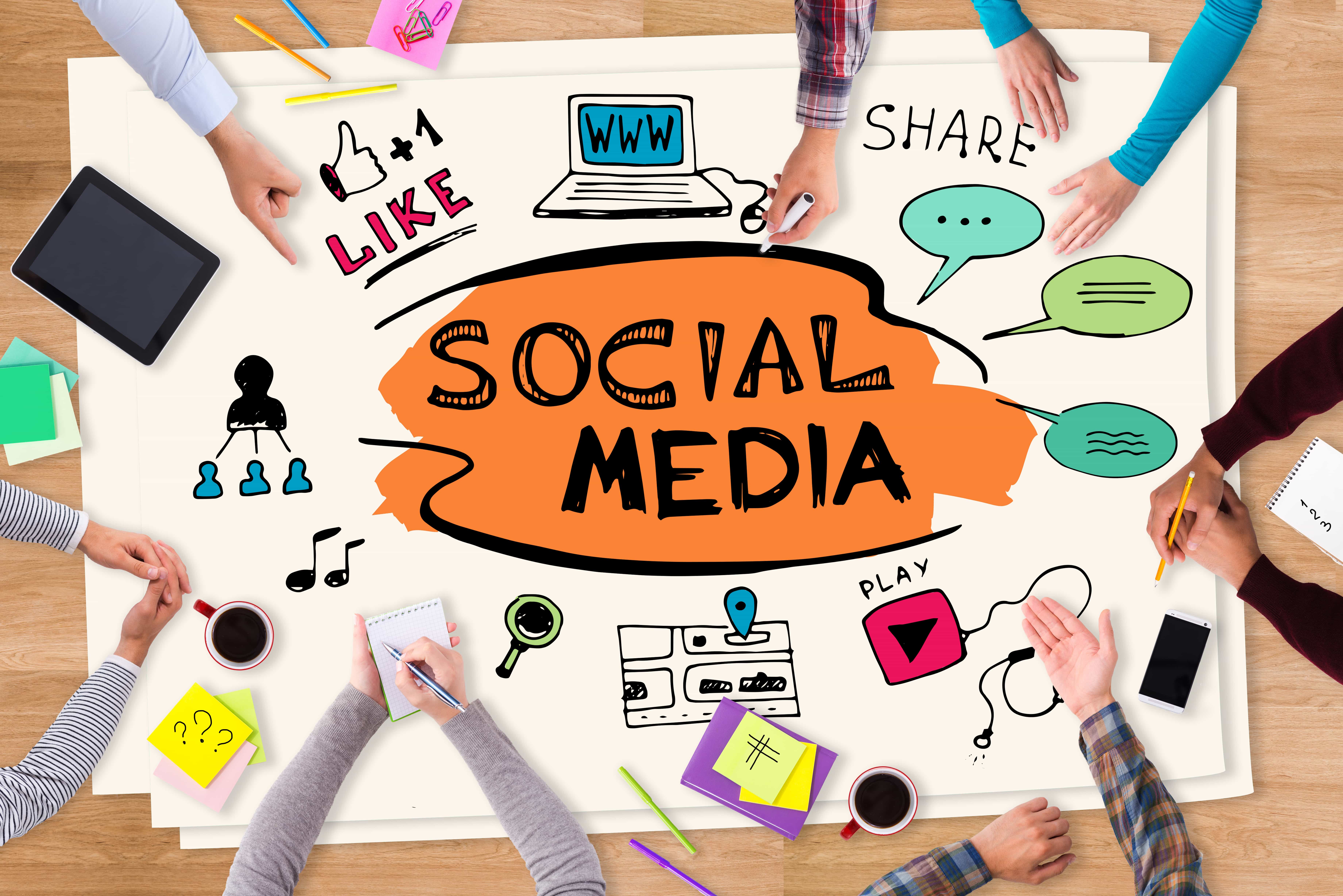 The picture of table with paper on it depicting or saying social media 